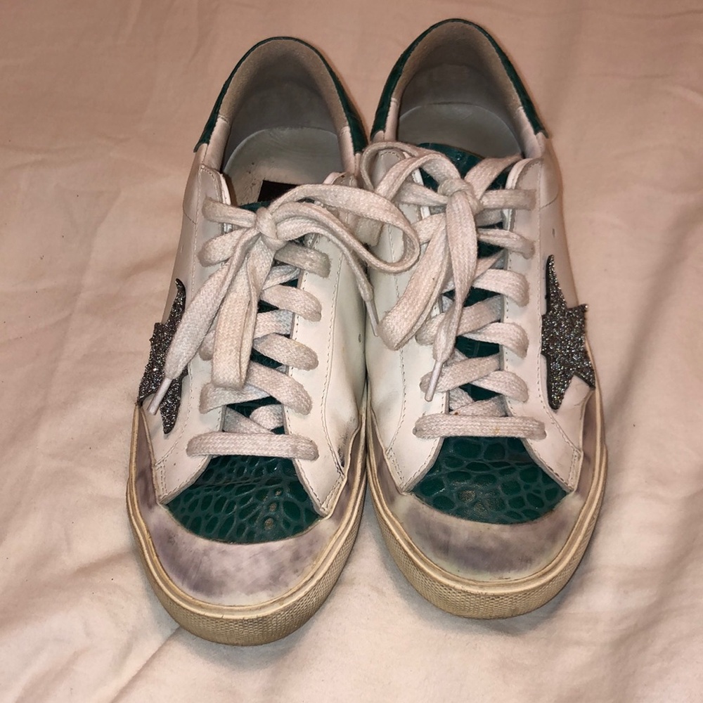 Golden Goose White Leather Sneakers with Green Accents and gray glitter Star